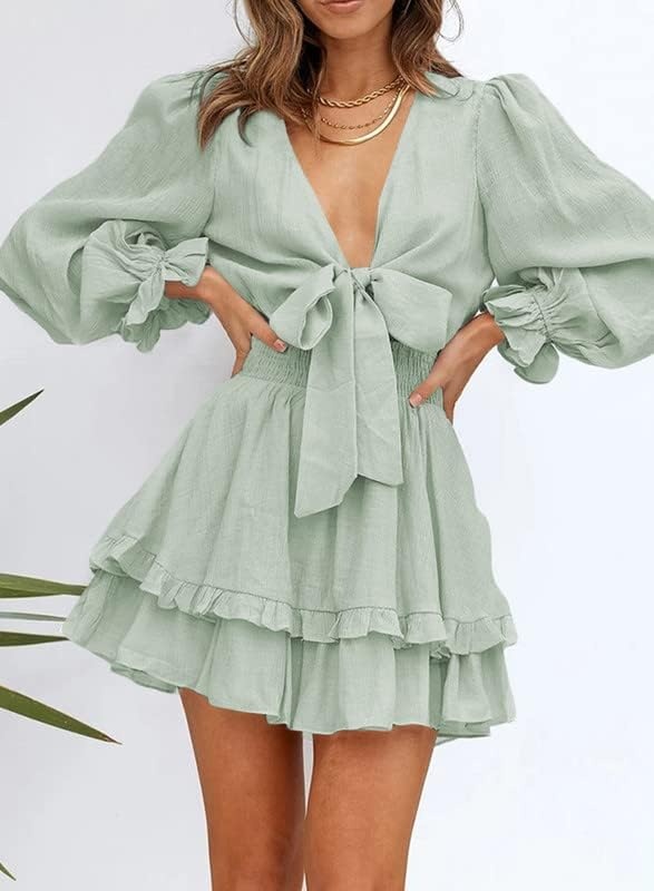 image:imageDokotoo Womens Casual Spring Fall 2025 Deep V Neck Knotted Tiered Chiffon Elegant Mini Short Swing Skater Dresses3 Green