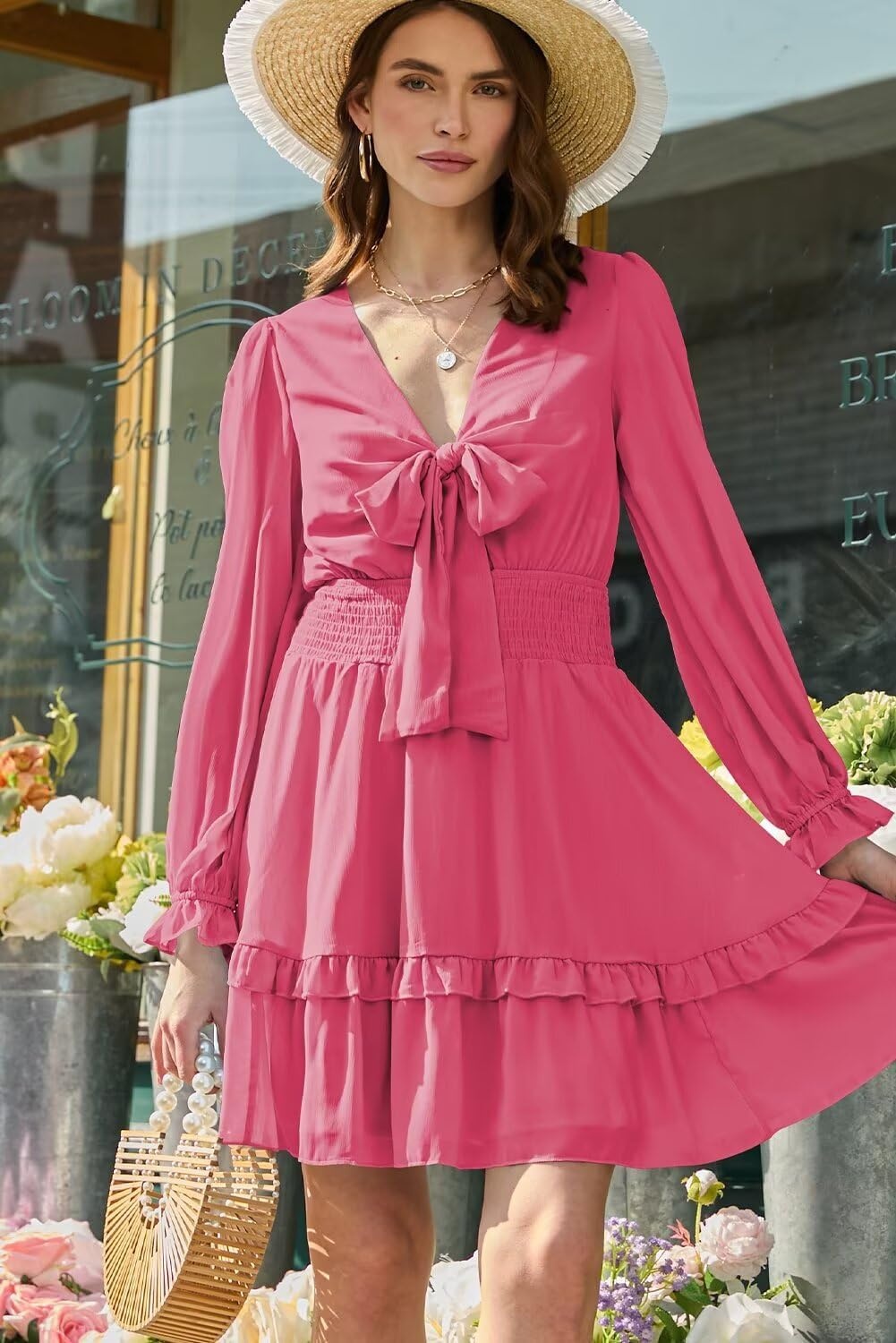 image:imageDokotoo Womens Casual Spring Fall 2025 Deep V Neck Knotted Tiered Chiffon Elegant Mini Short Swing Skater Dresses3 Pink 3