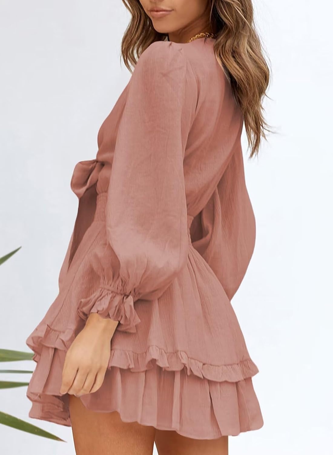 image:imageDokotoo Womens Casual Spring Fall 2025 Deep V Neck Knotted Tiered Chiffon Elegant Mini Short Swing Skater Dresses3 Pink 4