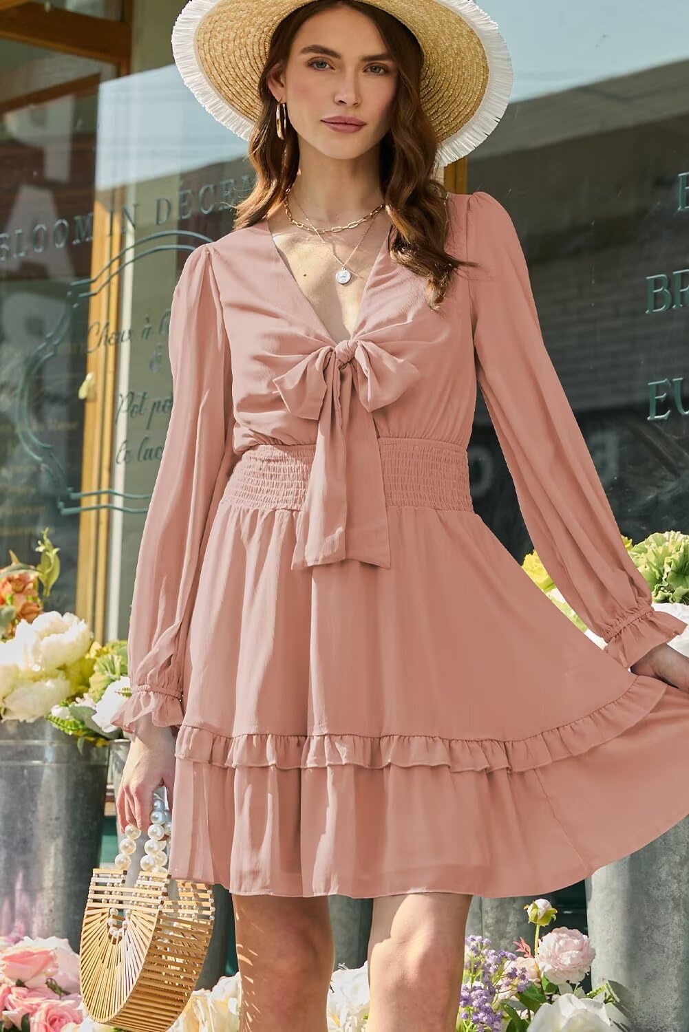 image:imageDokotoo Womens Casual Spring Fall 2025 Deep V Neck Knotted Tiered Chiffon Elegant Mini Short Swing Skater Dresses3 Pink 4