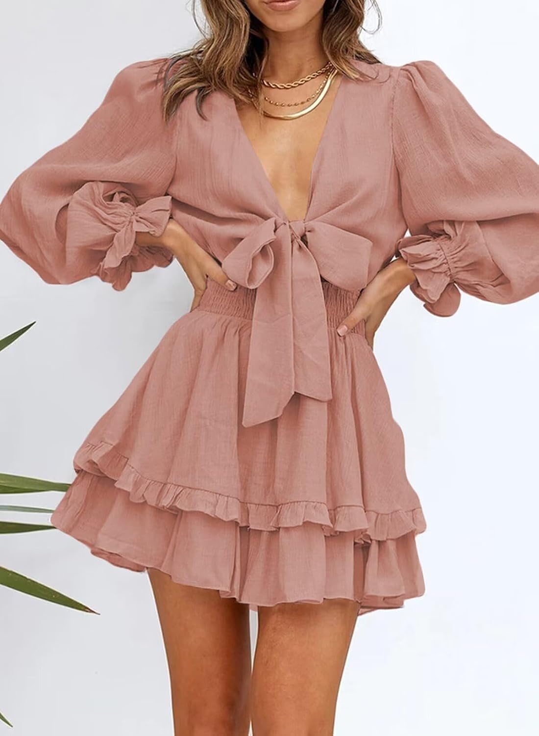 image:imageDokotoo Womens Casual Spring Fall 2025 Deep V Neck Knotted Tiered Chiffon Elegant Mini Short Swing Skater Dresses3 Pink 4