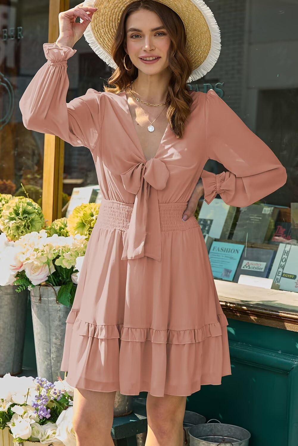 image:imageDokotoo Womens Casual Spring Fall 2025 Deep V Neck Knotted Tiered Chiffon Elegant Mini Short Swing Skater Dresses3 Pink 4