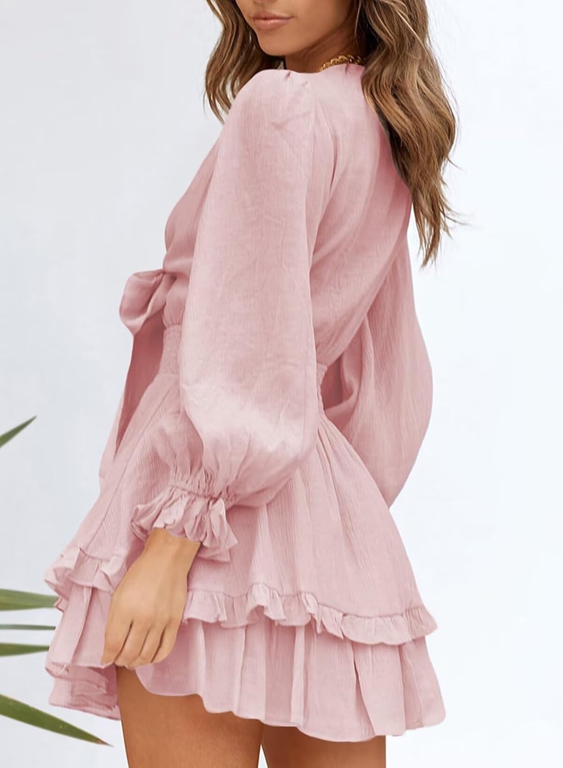 image:imageDokotoo Womens Casual Spring Fall 2025 Deep V Neck Knotted Tiered Chiffon Elegant Mini Short Swing Skater Dresses3 Pink2