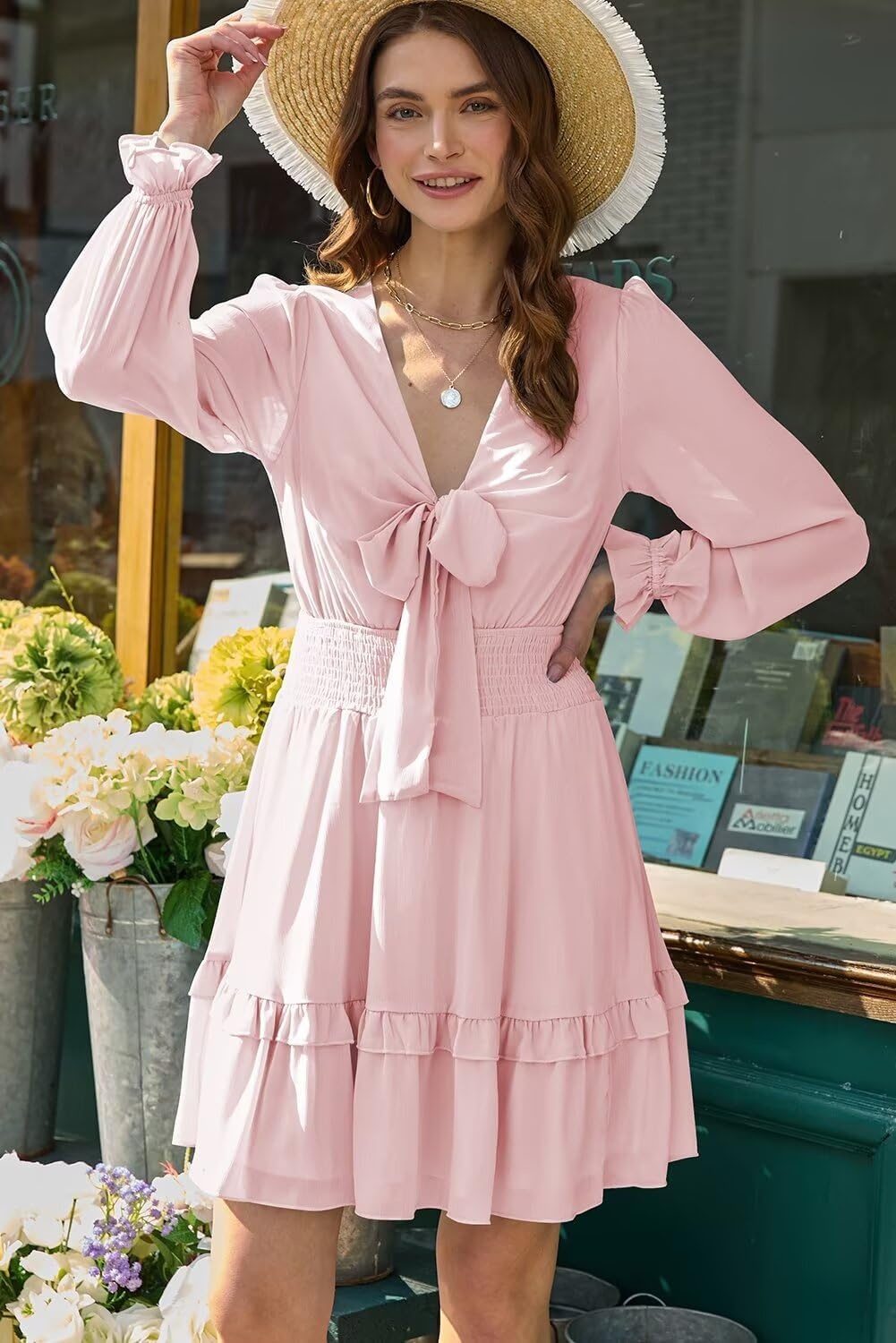 image:imageDokotoo Womens Casual Spring Fall 2025 Deep V Neck Knotted Tiered Chiffon Elegant Mini Short Swing Skater Dresses3 Pink2
