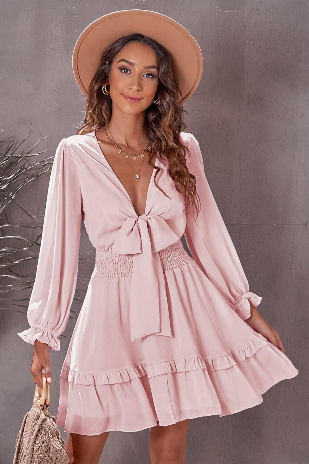image:imageDokotoo Womens Casual Spring Fall 2025 Deep V Neck Knotted Tiered Chiffon Elegant Mini Short Swing Skater Dresses3 Pink2