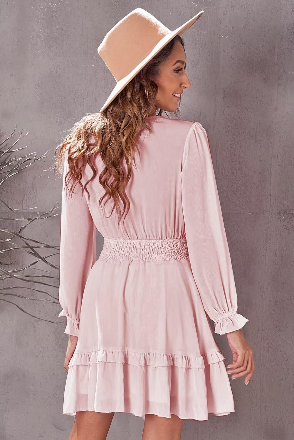 image:imageDokotoo Womens Casual Spring Fall 2025 Deep V Neck Knotted Tiered Chiffon Elegant Mini Short Swing Skater Dresses3 Pink2