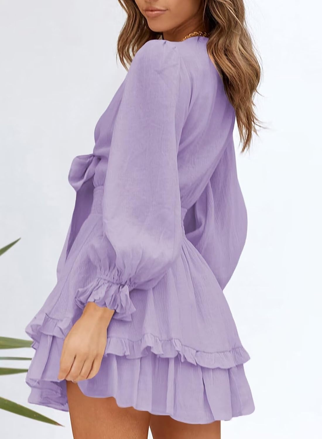 image:imageDokotoo Womens Casual Spring Fall 2025 Deep V Neck Knotted Tiered Chiffon Elegant Mini Short Swing Skater Dresses3 Purple