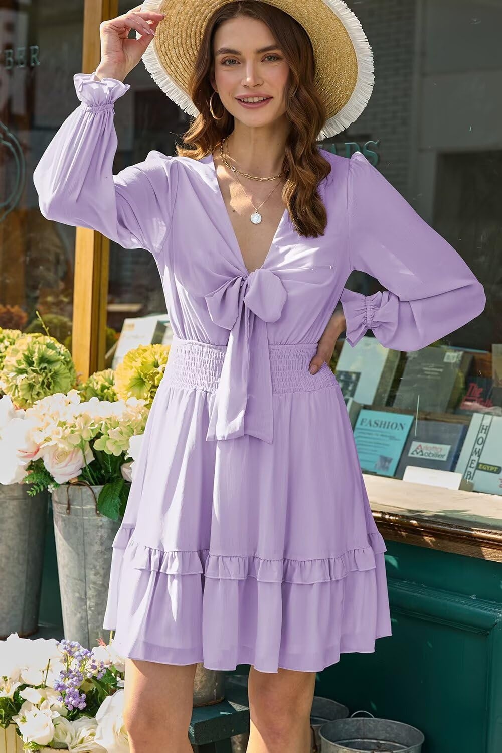 image:imageDokotoo Womens Casual Spring Fall 2025 Deep V Neck Knotted Tiered Chiffon Elegant Mini Short Swing Skater Dresses3 Purple