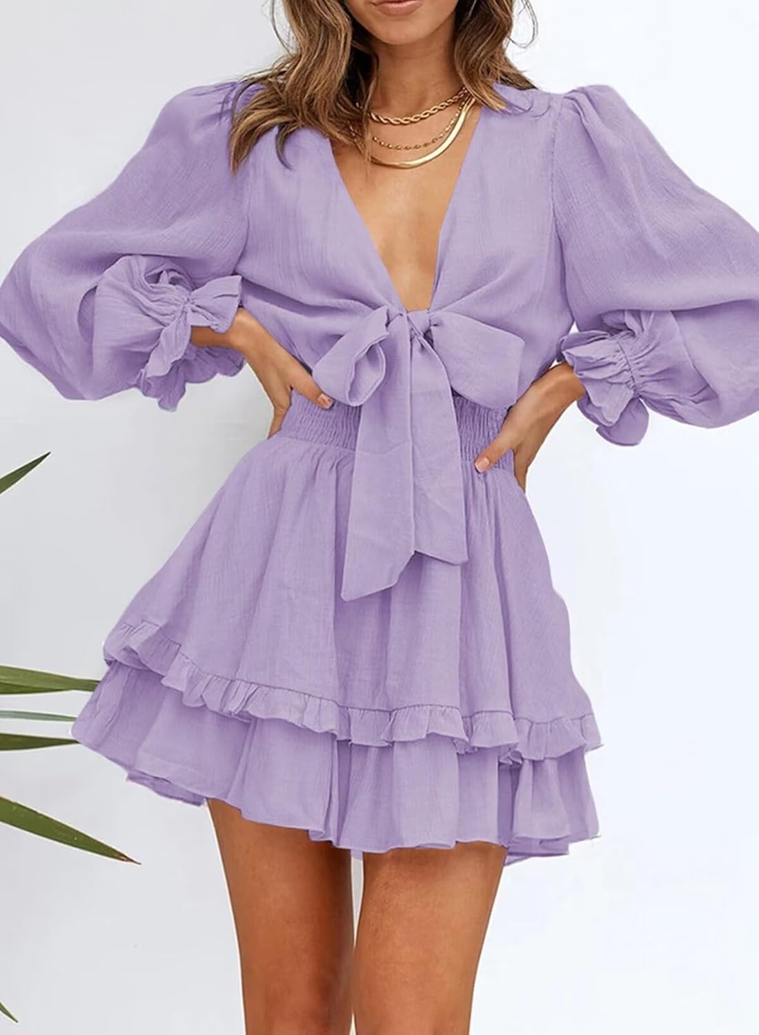image:imageDokotoo Womens Casual Spring Fall 2025 Deep V Neck Knotted Tiered Chiffon Elegant Mini Short Swing Skater Dresses3 Purple