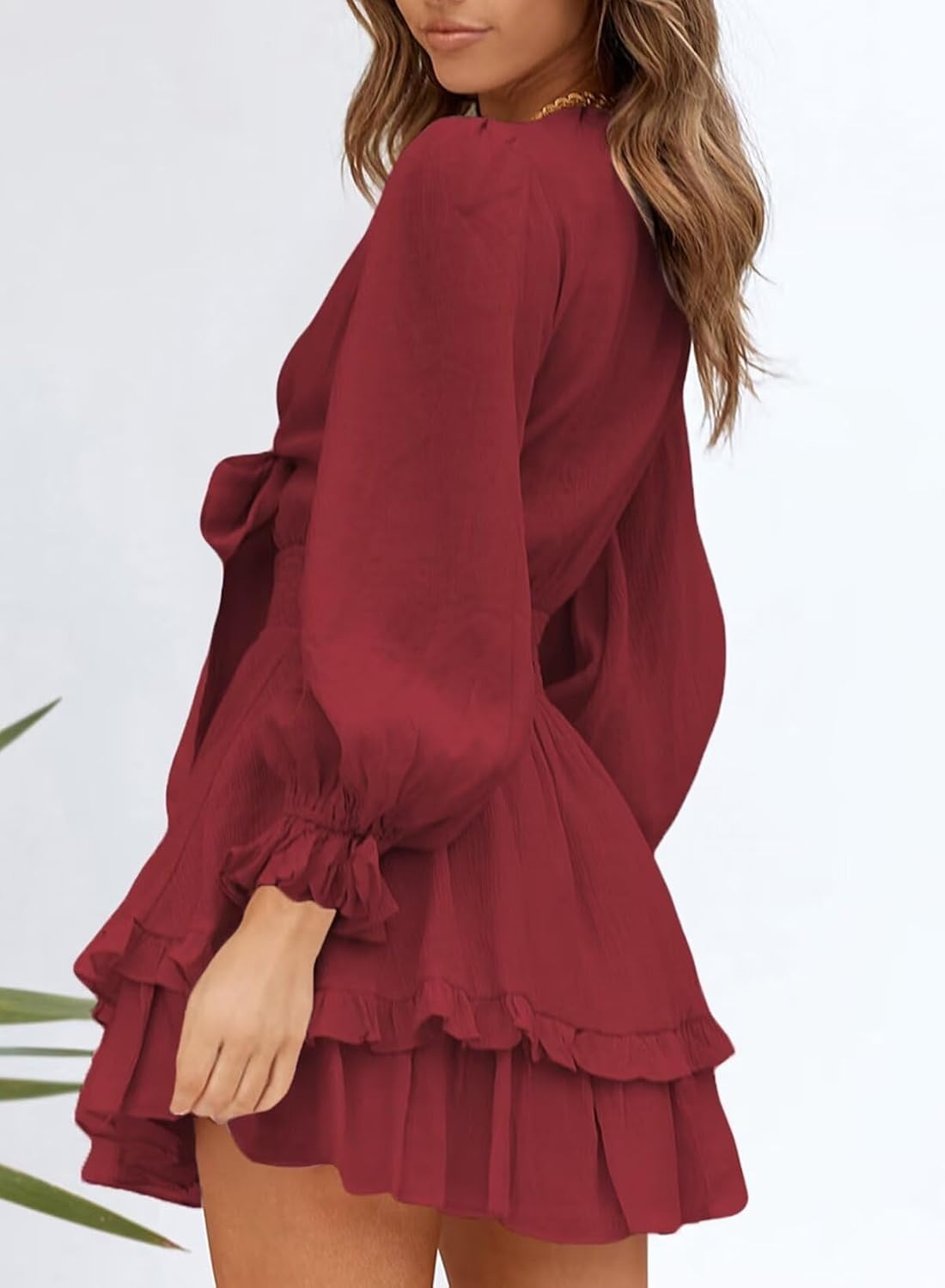 image:imageDokotoo Womens Casual Spring Fall 2025 Deep V Neck Knotted Tiered Chiffon Elegant Mini Short Swing Skater Dresses3 Red