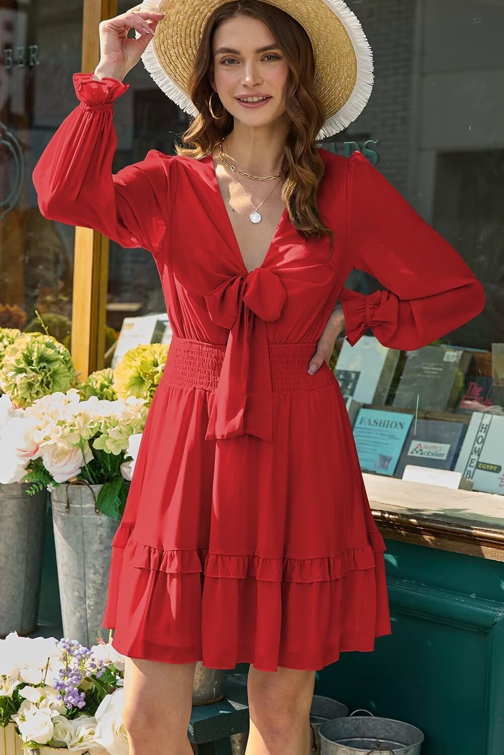 image:imageDokotoo Womens Casual Spring Fall 2025 Deep V Neck Knotted Tiered Chiffon Elegant Mini Short Swing Skater Dresses3 Red 2
