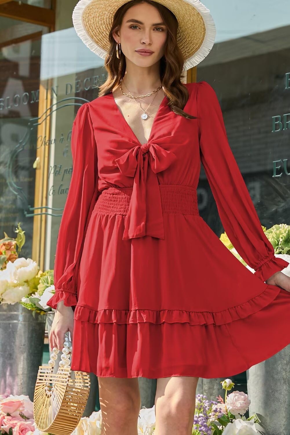 image:imageDokotoo Womens Casual Spring Fall 2025 Deep V Neck Knotted Tiered Chiffon Elegant Mini Short Swing Skater Dresses3 Red 2