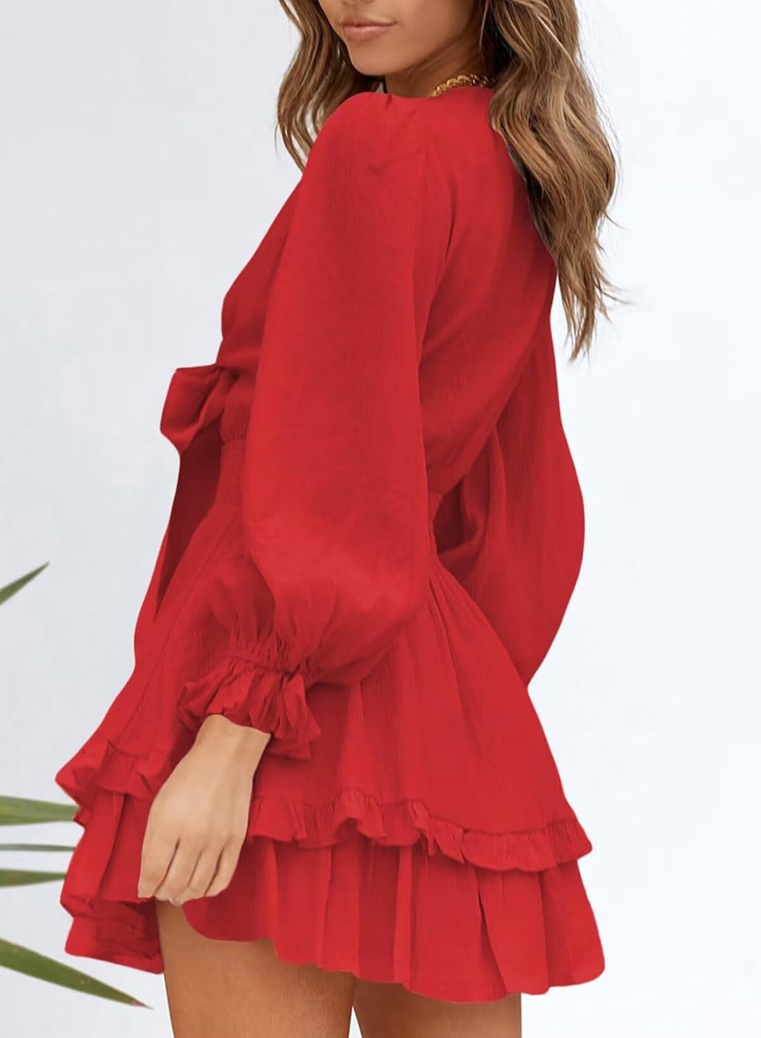 image:imageDokotoo Womens Casual Spring Fall 2025 Deep V Neck Knotted Tiered Chiffon Elegant Mini Short Swing Skater Dresses3 Red 2