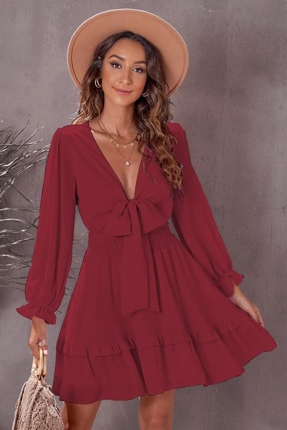 image:imageDokotoo Womens Casual Spring Fall 2025 Deep V Neck Knotted Tiered Chiffon Elegant Mini Short Swing Skater Dresses3 Red