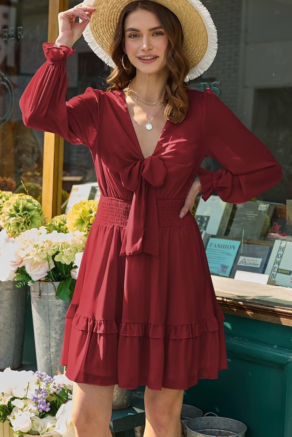 image:imageDokotoo Womens Casual Spring Fall 2025 Deep V Neck Knotted Tiered Chiffon Elegant Mini Short Swing Skater Dresses3 Red