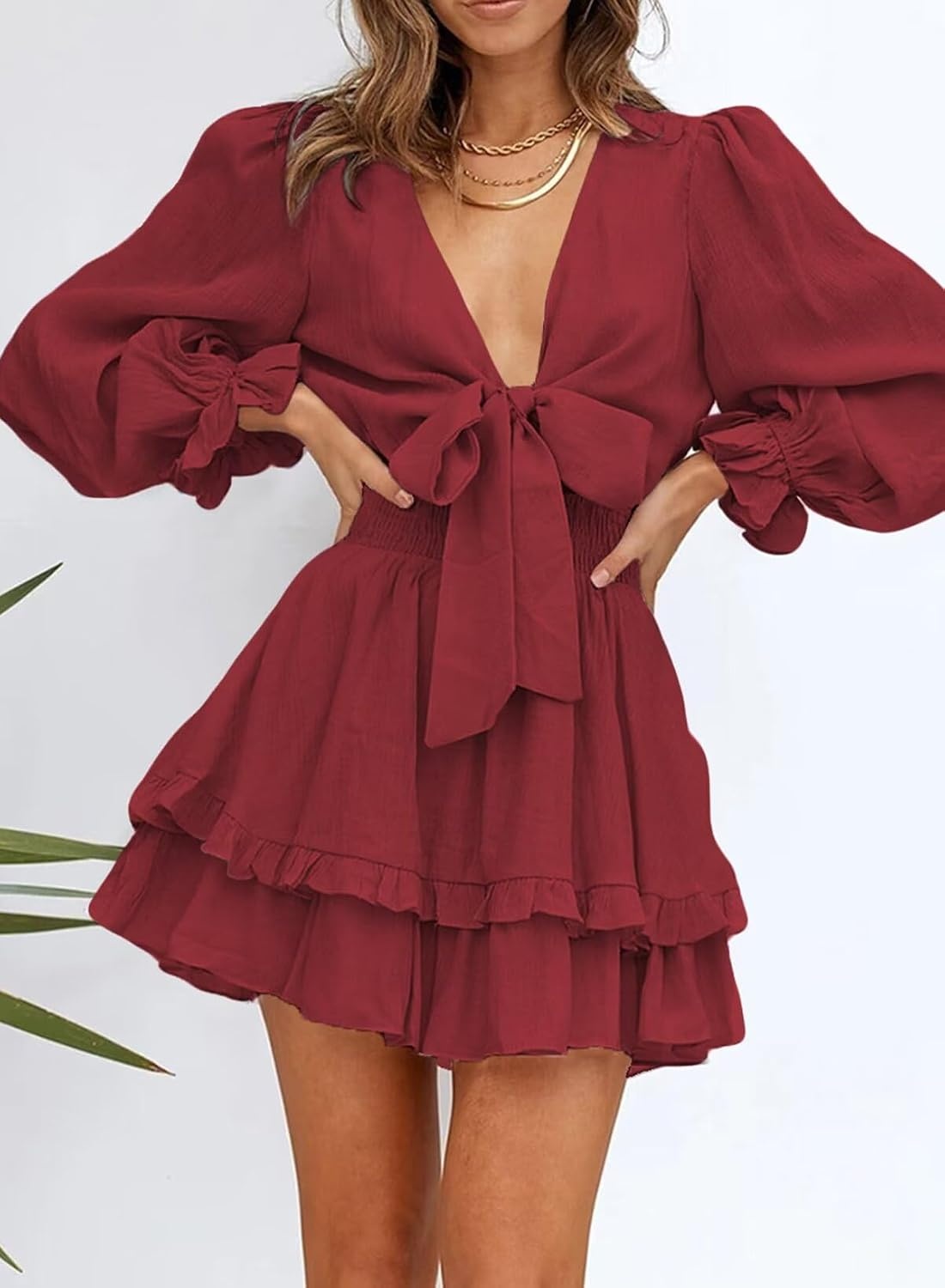image:imageDokotoo Womens Casual Spring Fall 2025 Deep V Neck Knotted Tiered Chiffon Elegant Mini Short Swing Skater Dresses3 Red