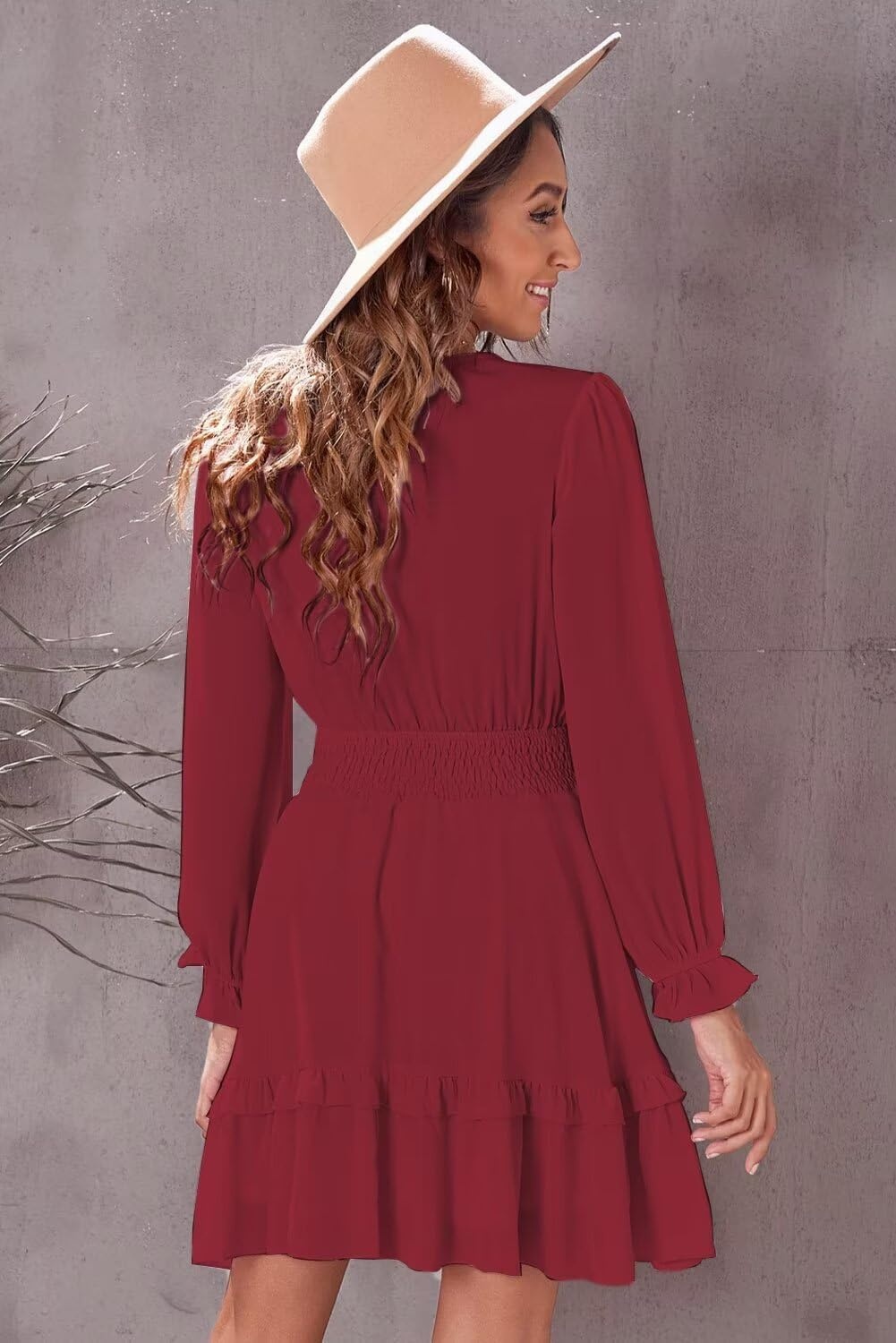 image:imageDokotoo Womens Casual Spring Fall 2025 Deep V Neck Knotted Tiered Chiffon Elegant Mini Short Swing Skater Dresses3 Red