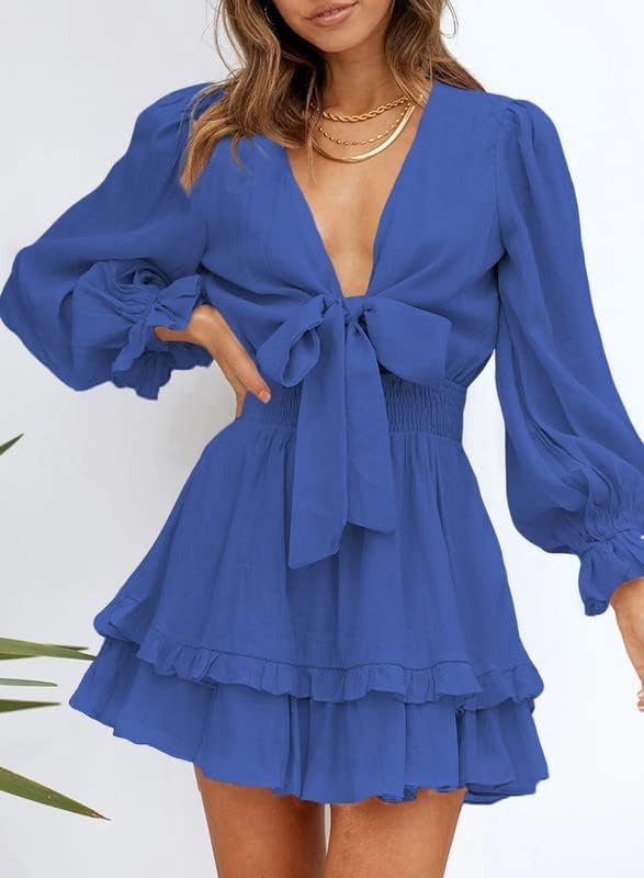 image:imageDokotoo Womens Casual Spring Fall 2025 Deep V Neck Knotted Tiered Chiffon Elegant Mini Short Swing Skater Dresses3 Royal Blue
