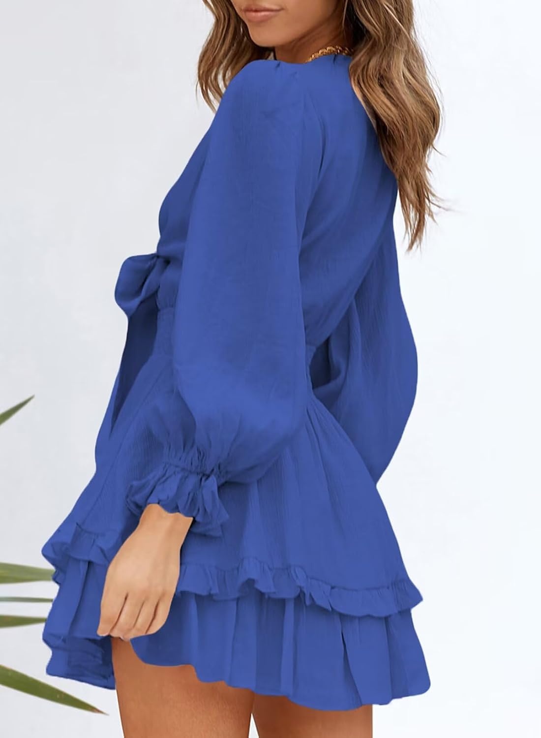 image:imageDokotoo Womens Casual Spring Fall 2025 Deep V Neck Knotted Tiered Chiffon Elegant Mini Short Swing Skater Dresses3 Royal Blue