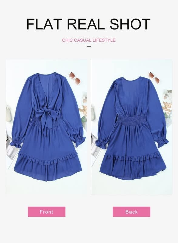 image:imageDokotoo Womens Casual Spring Fall 2025 Deep V Neck Knotted Tiered Chiffon Elegant Mini Short Swing Skater Dresses3 Royal Blue