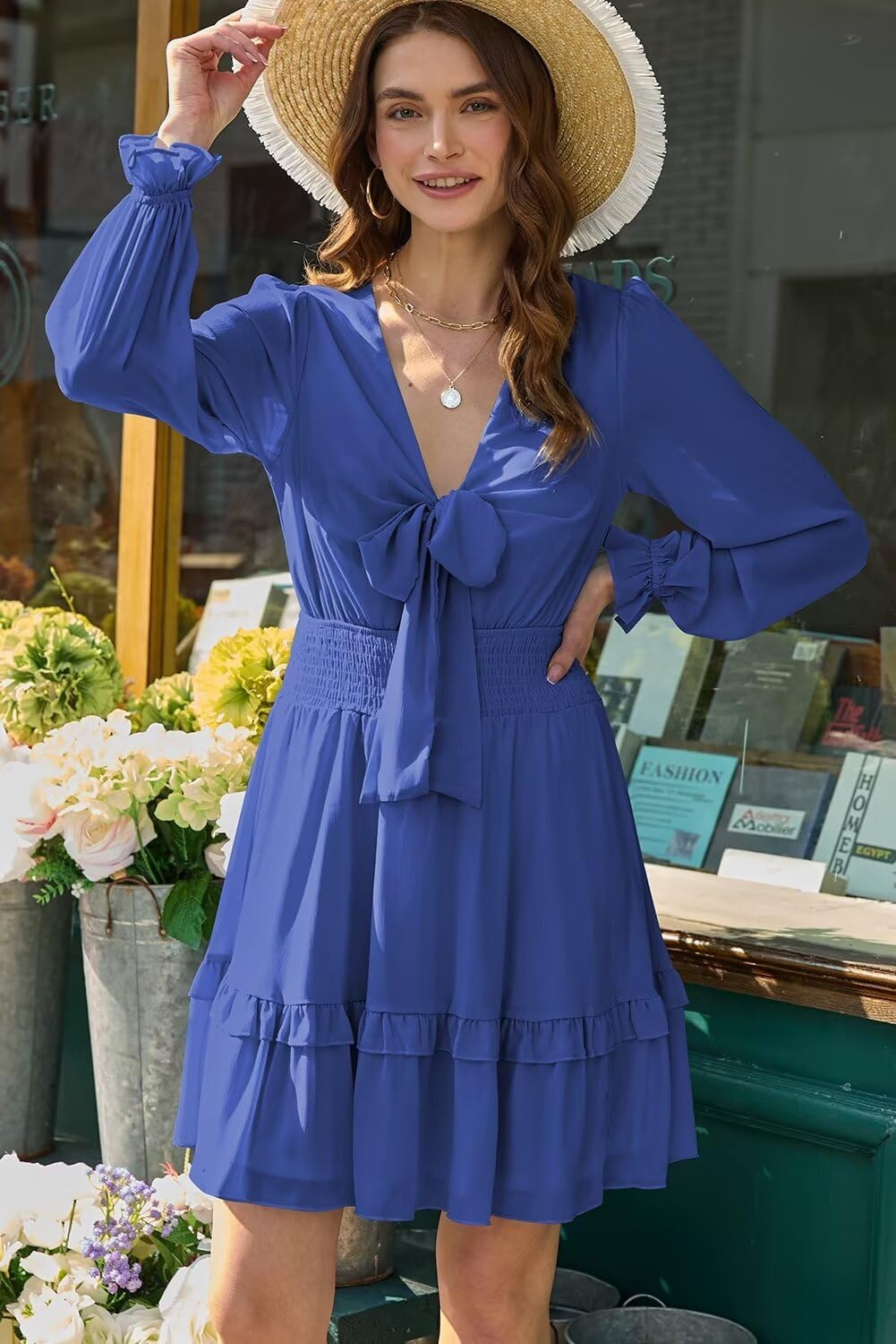 image:imageDokotoo Womens Casual Spring Fall 2025 Deep V Neck Knotted Tiered Chiffon Elegant Mini Short Swing Skater Dresses3 Royal Blue