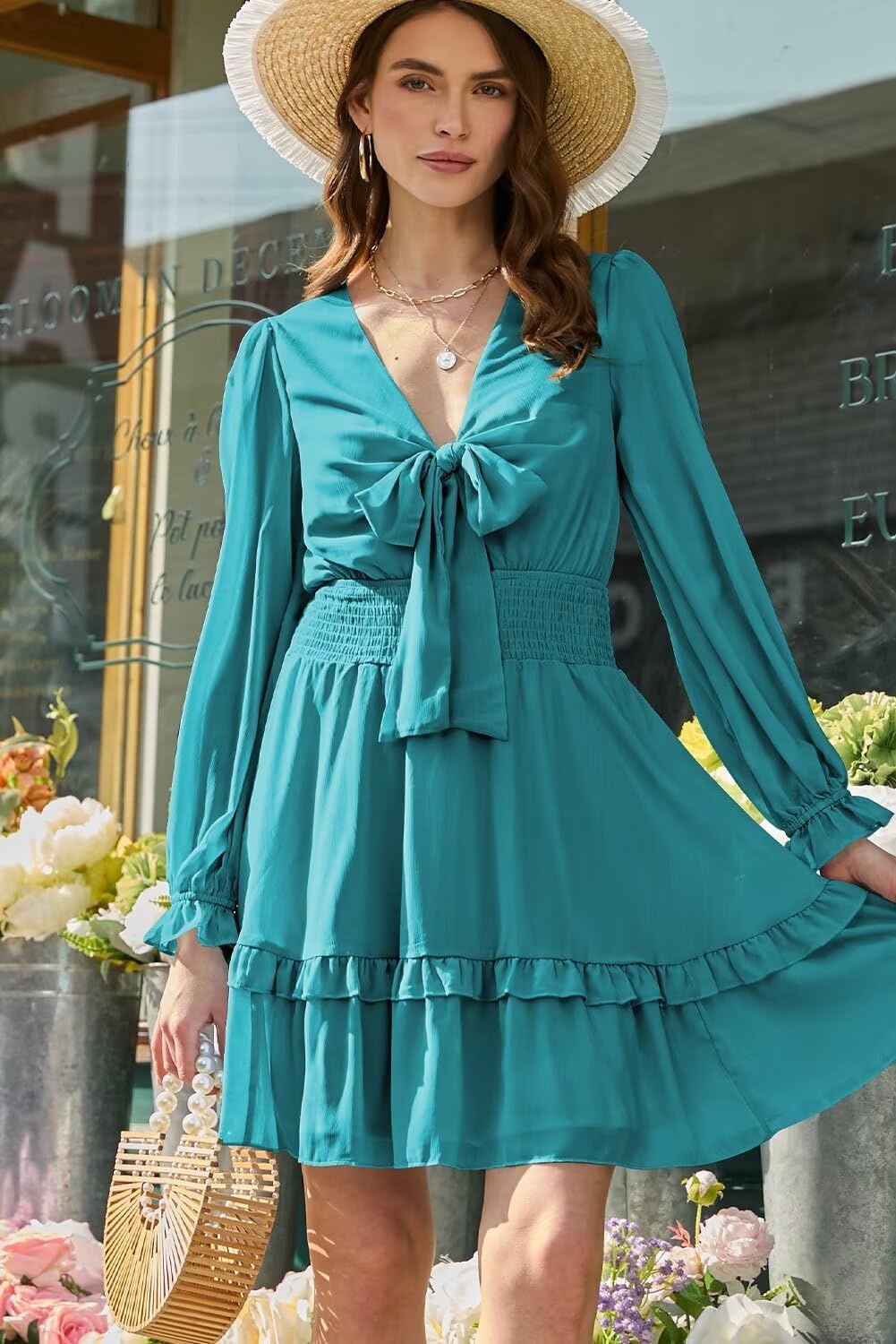 image:imageDokotoo Womens Casual Spring Fall 2025 Deep V Neck Knotted Tiered Chiffon Elegant Mini Short Swing Skater Dresses3 Turquoise