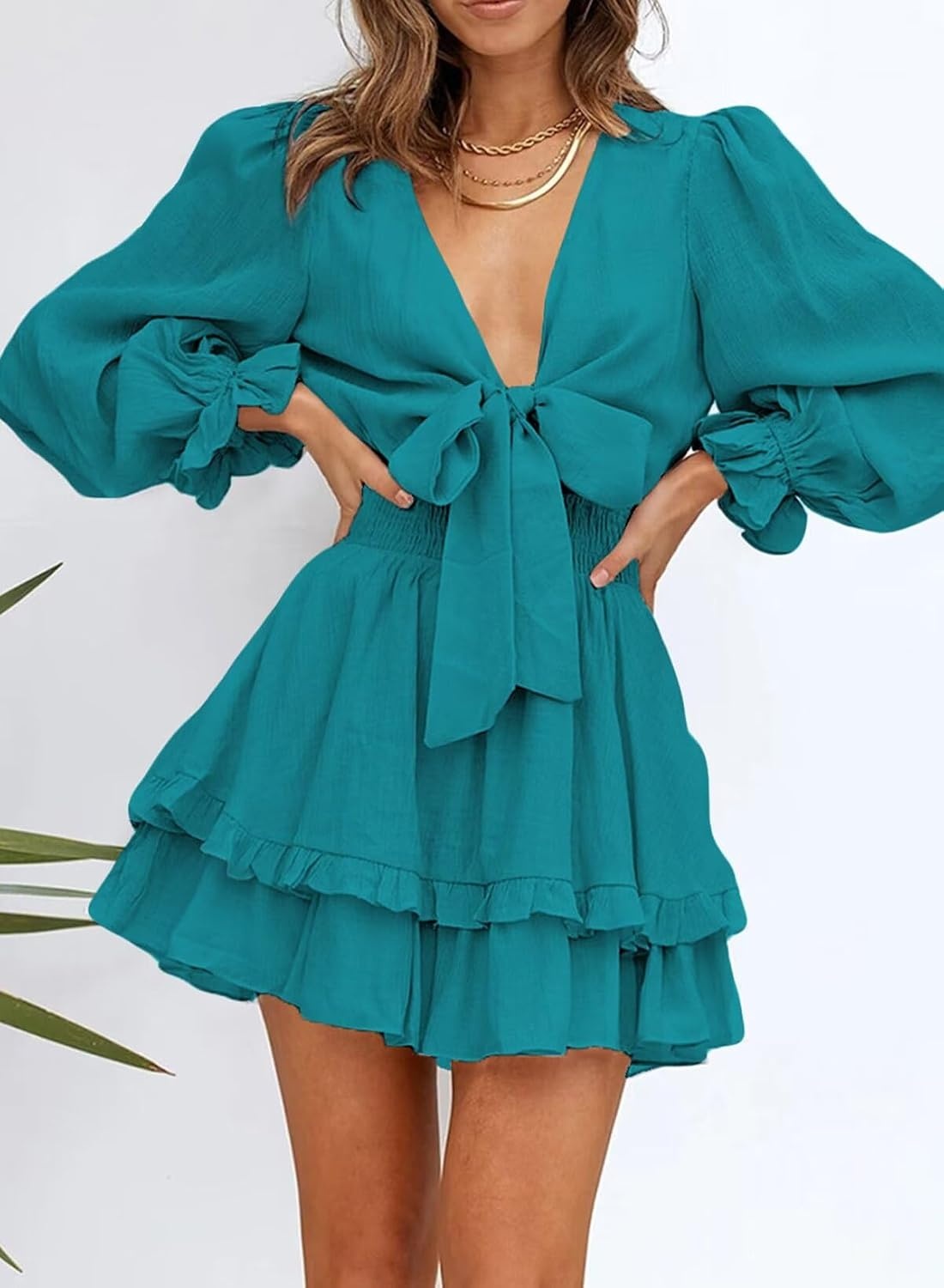 image:imageDokotoo Womens Casual Spring Fall 2025 Deep V Neck Knotted Tiered Chiffon Elegant Mini Short Swing Skater Dresses3 Turquoise