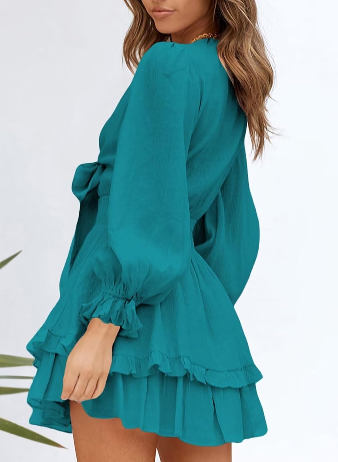 image:imageDokotoo Womens Casual Spring Fall 2025 Deep V Neck Knotted Tiered Chiffon Elegant Mini Short Swing Skater Dresses3 Turquoise