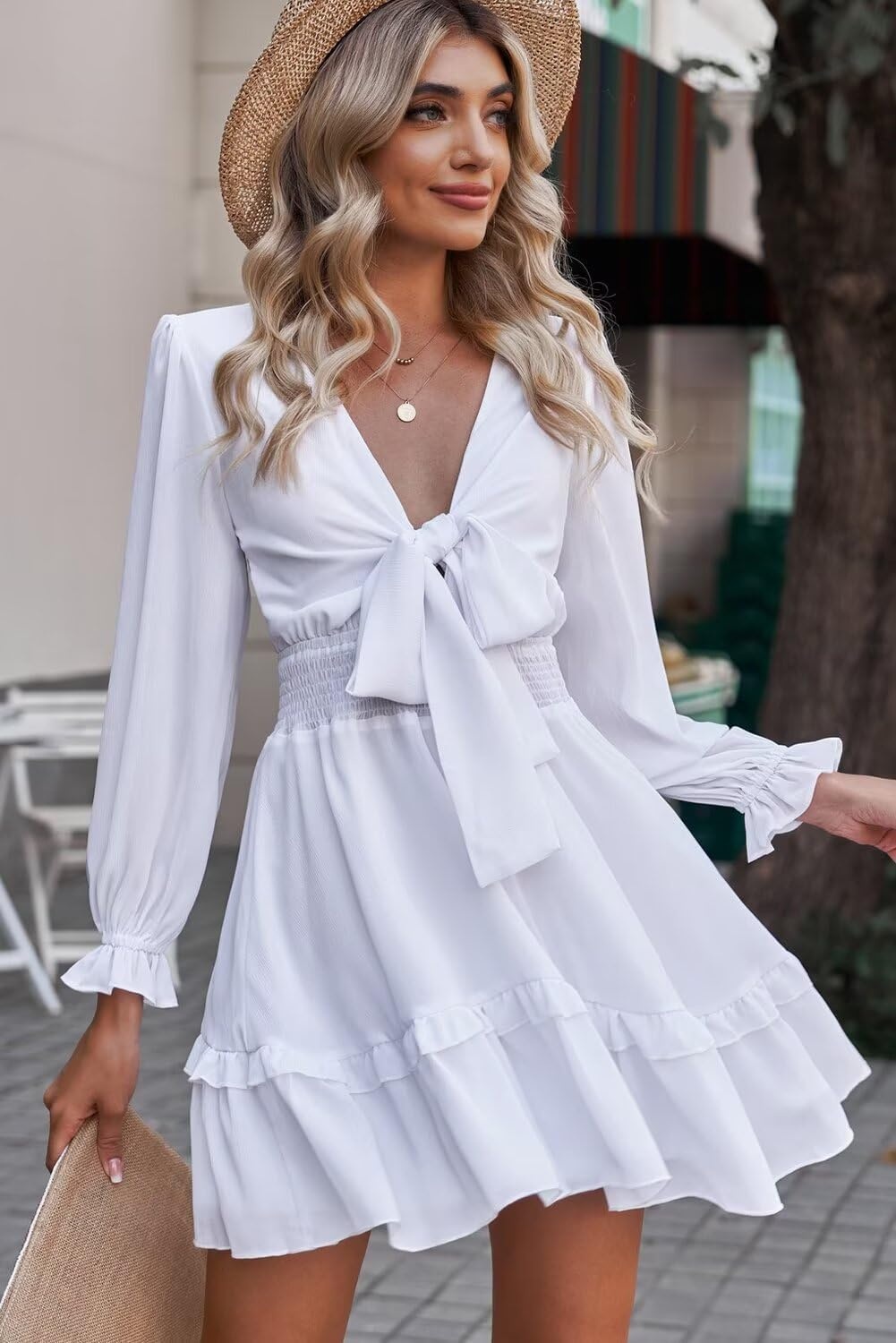 image:imageDokotoo Womens Casual Spring Fall 2025 Deep V Neck Knotted Tiered Chiffon Elegant Mini Short Swing Skater Dresses3 White
