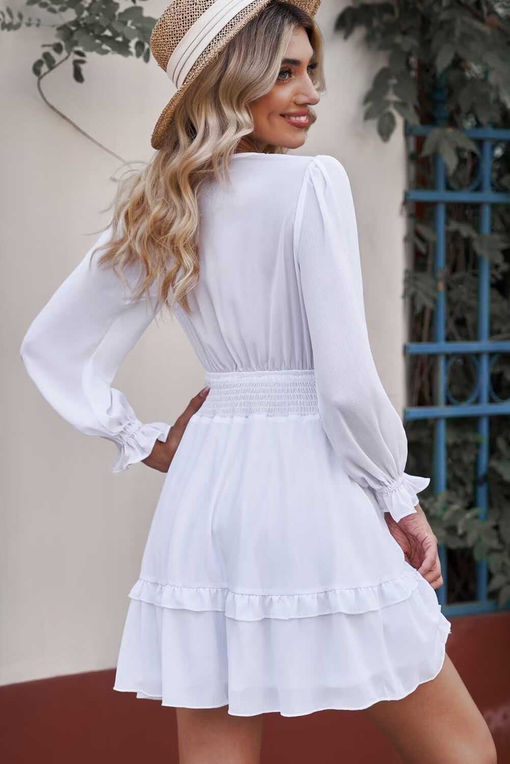 image:imageDokotoo Womens Casual Spring Fall 2025 Deep V Neck Knotted Tiered Chiffon Elegant Mini Short Swing Skater Dresses3 White