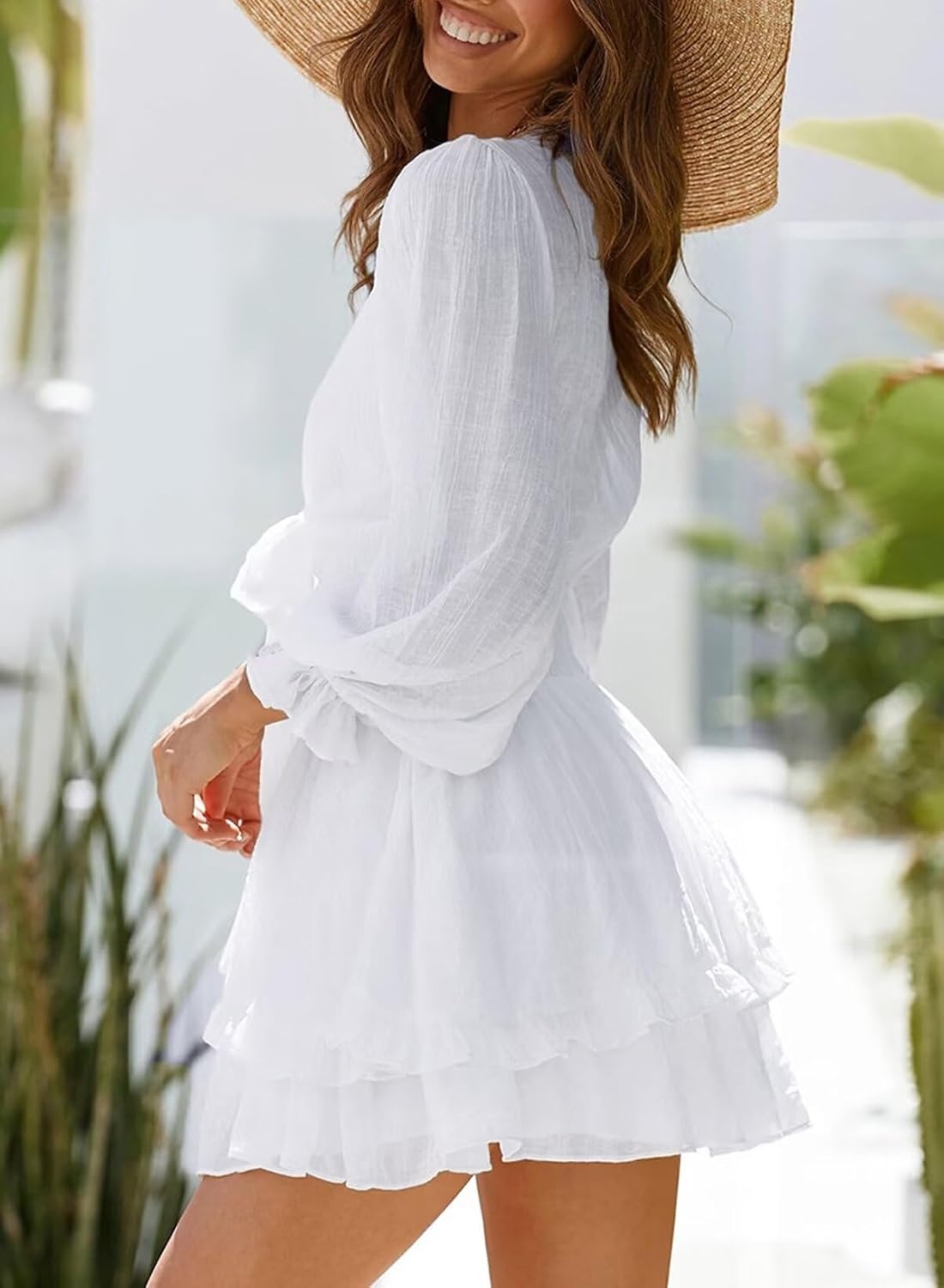 image:imageDokotoo Womens Casual Spring Fall 2025 Deep V Neck Knotted Tiered Chiffon Elegant Mini Short Swing Skater Dresses3 White