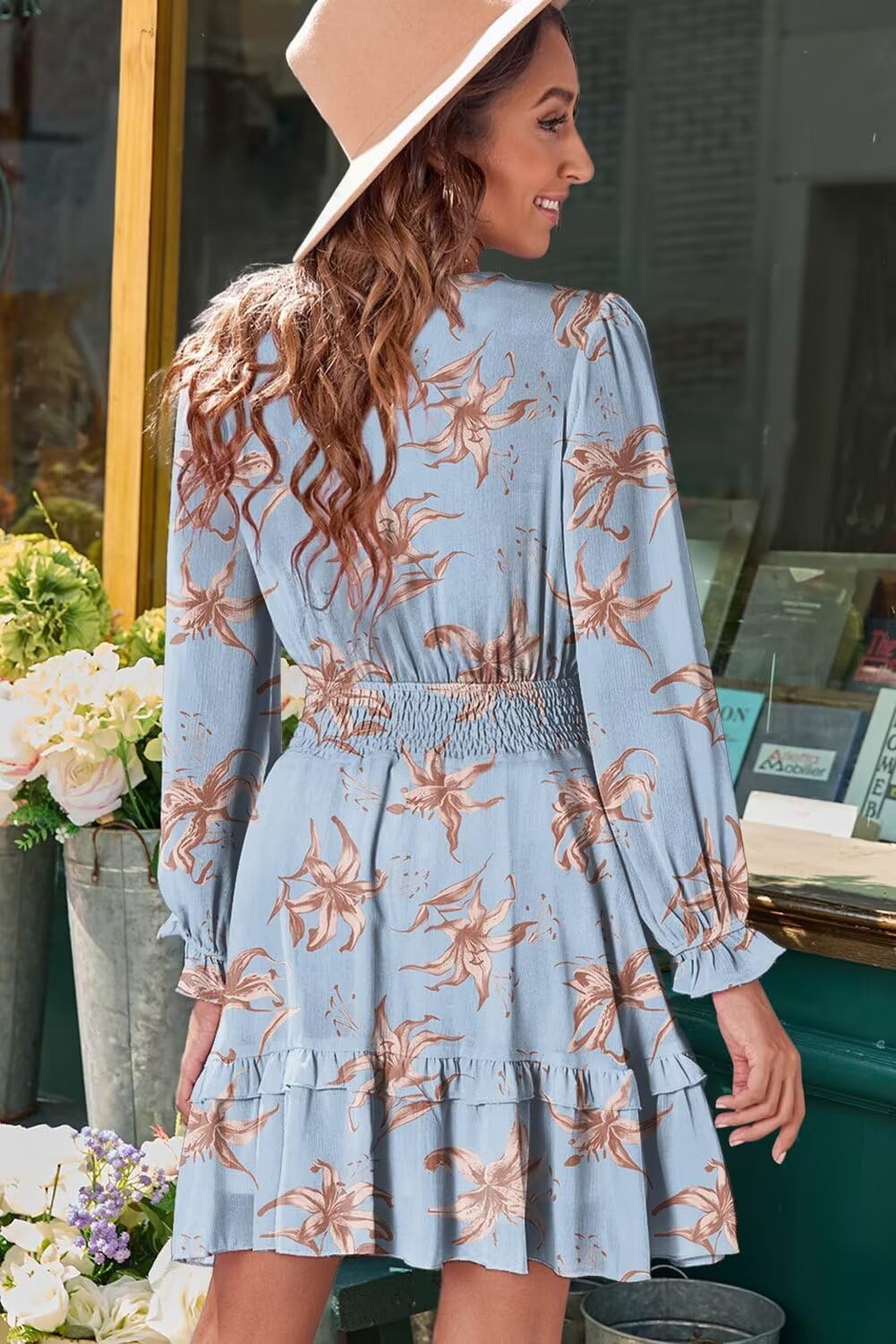 image:imageDokotoo Womens Casual Spring Fall 2025 Deep V Neck Knotted Tiered Chiffon Elegant Mini Short Swing Skater Dresses4 Blue