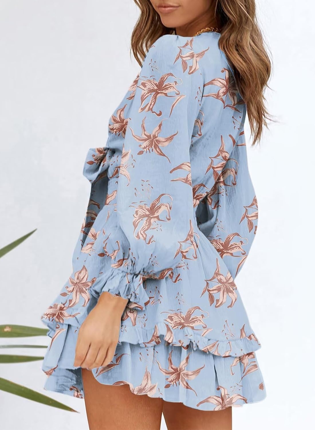 image:imageDokotoo Womens Casual Spring Fall 2025 Deep V Neck Knotted Tiered Chiffon Elegant Mini Short Swing Skater Dresses4 Blue
