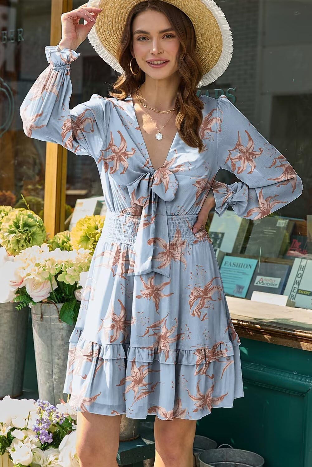 image:imageDokotoo Womens Casual Spring Fall 2025 Deep V Neck Knotted Tiered Chiffon Elegant Mini Short Swing Skater Dresses4 Blue
