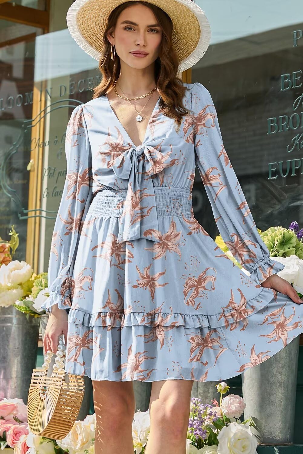 image:imageDokotoo Womens Casual Spring Fall 2025 Deep V Neck Knotted Tiered Chiffon Elegant Mini Short Swing Skater Dresses4 Blue