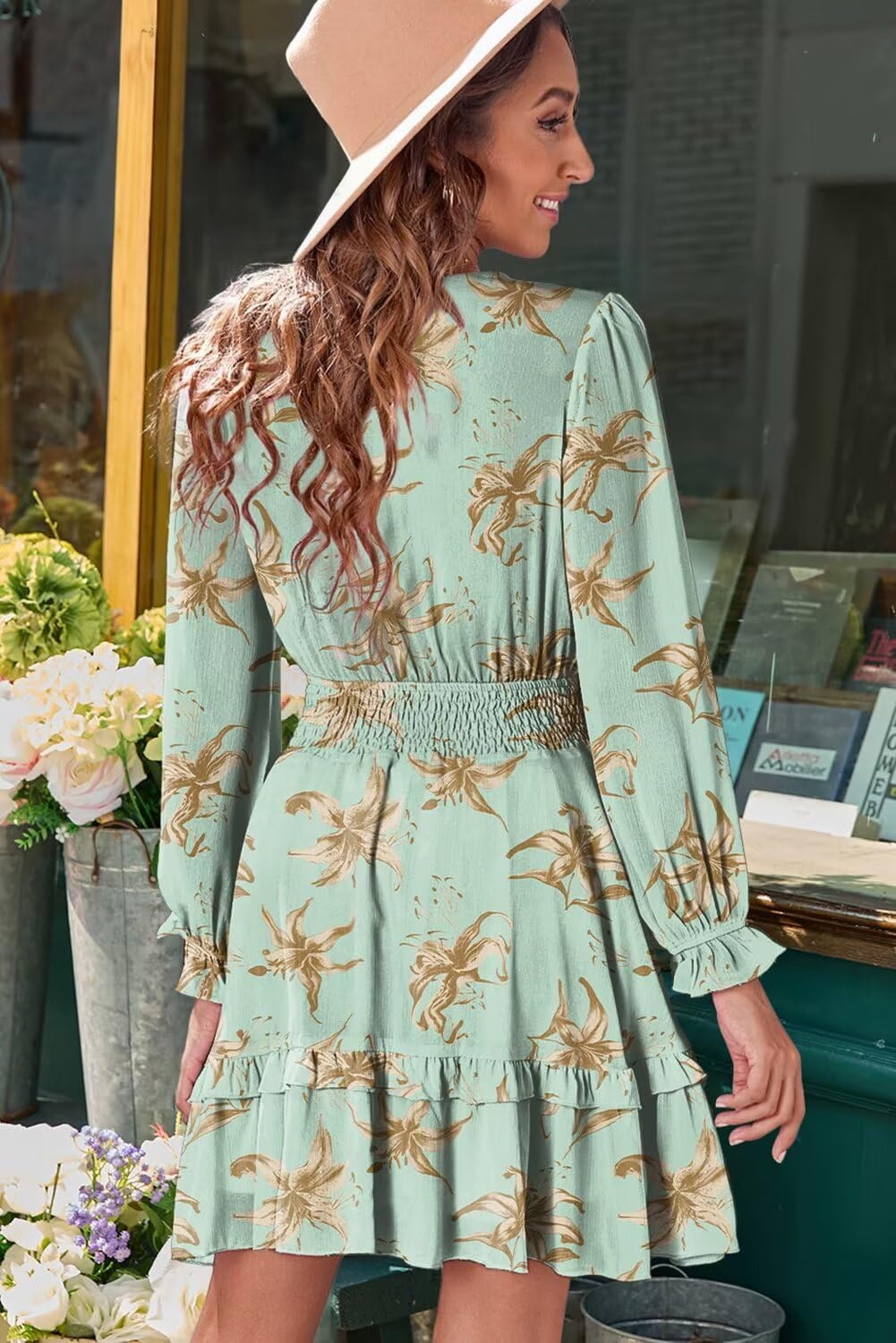 image:imageDokotoo Womens Casual Spring Fall 2025 Deep V Neck Knotted Tiered Chiffon Elegant Mini Short Swing Skater Dresses4 Green