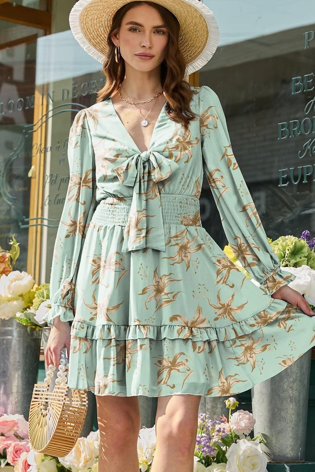 image:imageDokotoo Womens Casual Spring Fall 2025 Deep V Neck Knotted Tiered Chiffon Elegant Mini Short Swing Skater Dresses4 Green