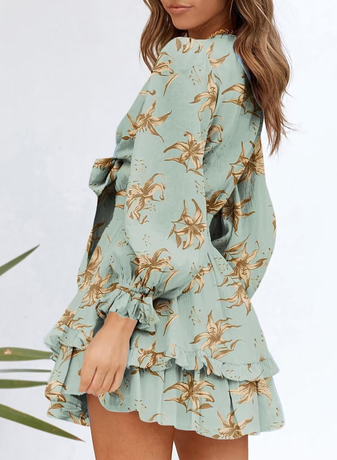 image:imageDokotoo Womens Casual Spring Fall 2025 Deep V Neck Knotted Tiered Chiffon Elegant Mini Short Swing Skater Dresses4 Green