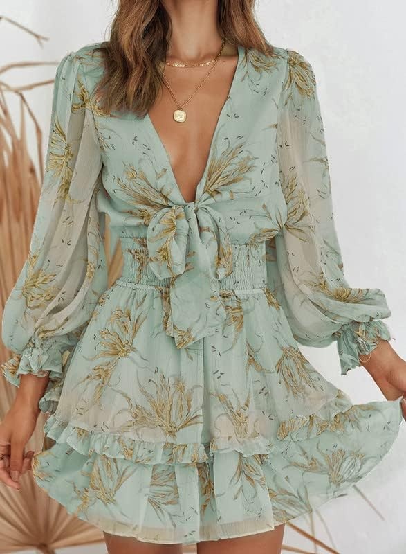 image:imageDokotoo Womens Casual Spring Fall 2025 Deep V Neck Knotted Tiered Chiffon Elegant Mini Short Swing Skater Dresses4 Green