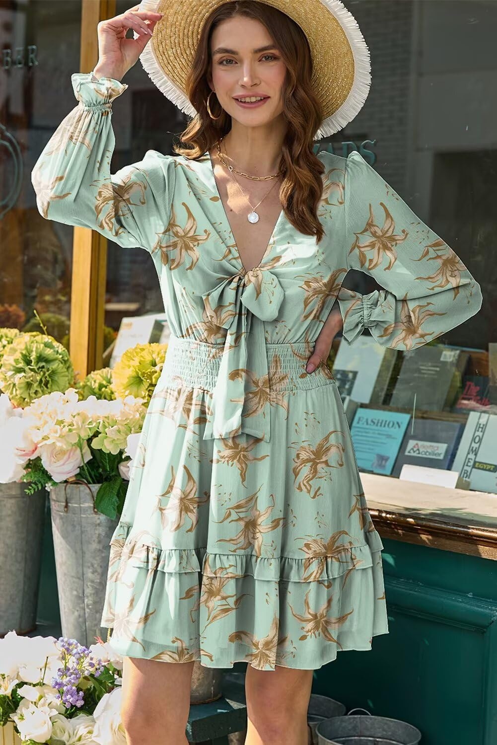 image:imageDokotoo Womens Casual Spring Fall 2025 Deep V Neck Knotted Tiered Chiffon Elegant Mini Short Swing Skater Dresses4 Green