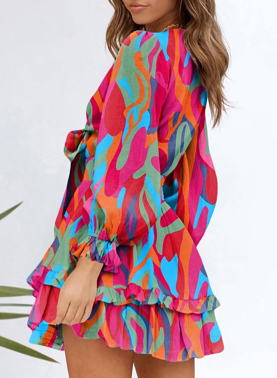 image:imageDokotoo Womens Casual Spring Fall 2025 Deep V Neck Knotted Tiered Chiffon Elegant Mini Short Swing Skater Dresses4 Multicolored 3