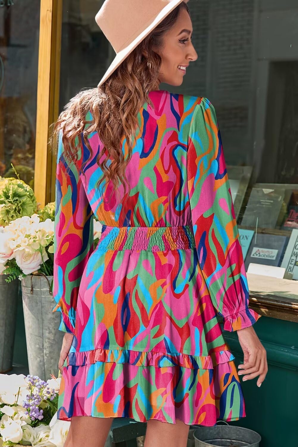 image:imageDokotoo Womens Casual Spring Fall 2025 Deep V Neck Knotted Tiered Chiffon Elegant Mini Short Swing Skater Dresses4 Multicolored 3