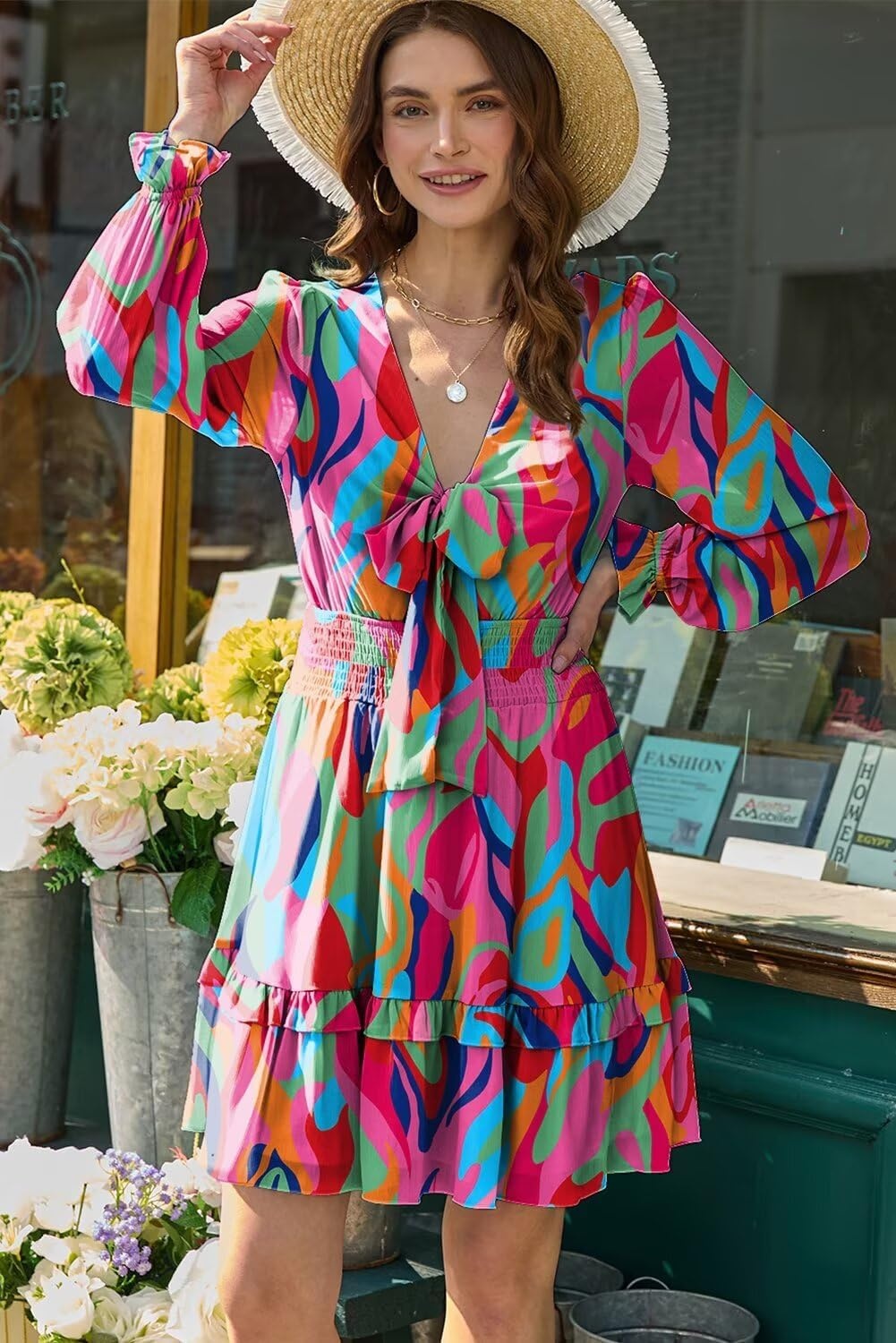 image:imageDokotoo Womens Casual Spring Fall 2025 Deep V Neck Knotted Tiered Chiffon Elegant Mini Short Swing Skater Dresses4 Multicolored 3