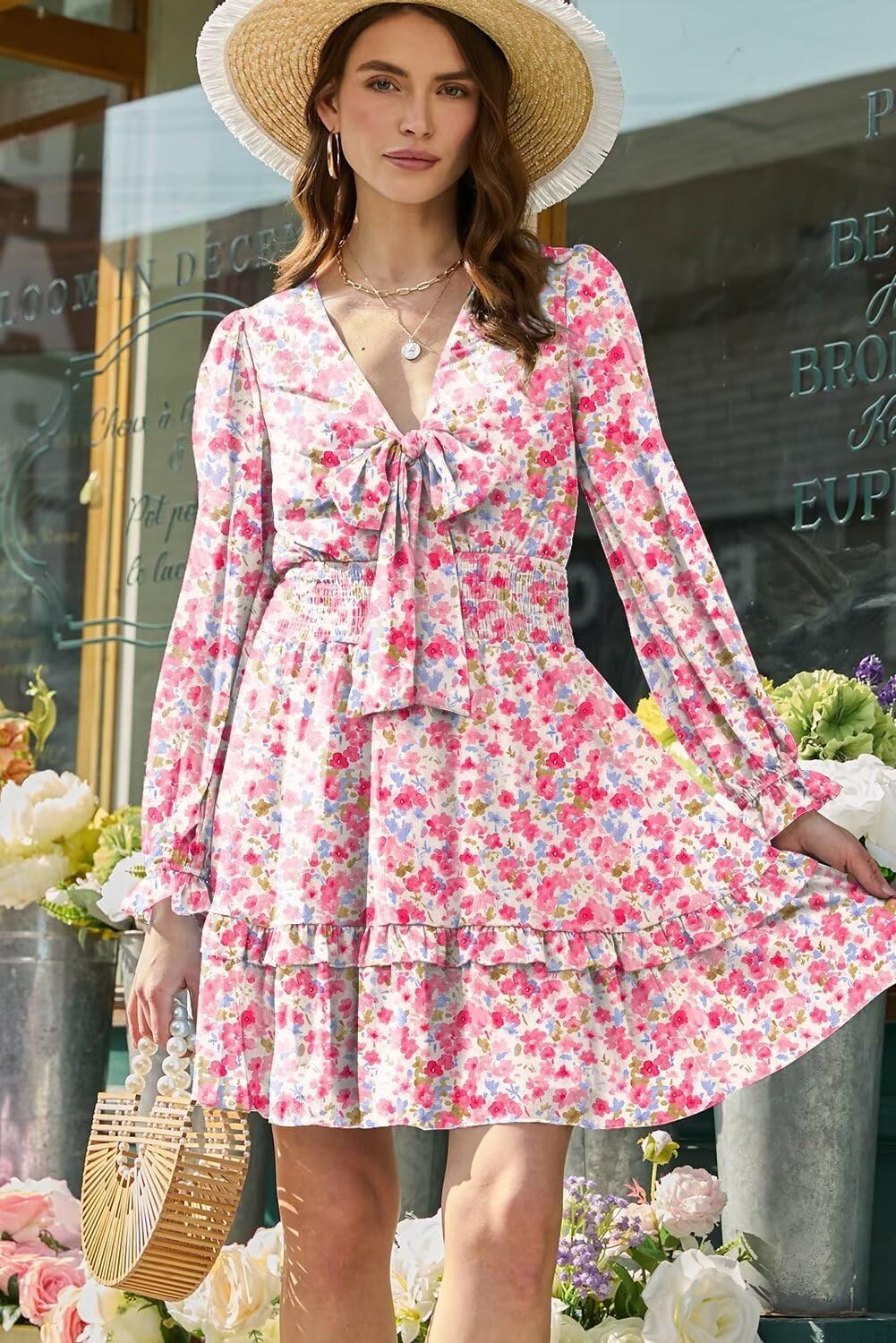 image:imageDokotoo Womens Casual Spring Fall 2025 Deep V Neck Knotted Tiered Chiffon Elegant Mini Short Swing Skater Dresses4 Pink 2