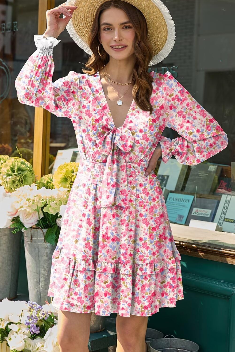 image:imageDokotoo Womens Casual Spring Fall 2025 Deep V Neck Knotted Tiered Chiffon Elegant Mini Short Swing Skater Dresses4 Pink 2