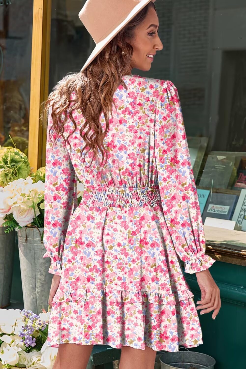 image:imageDokotoo Womens Casual Spring Fall 2025 Deep V Neck Knotted Tiered Chiffon Elegant Mini Short Swing Skater Dresses4 Pink 2