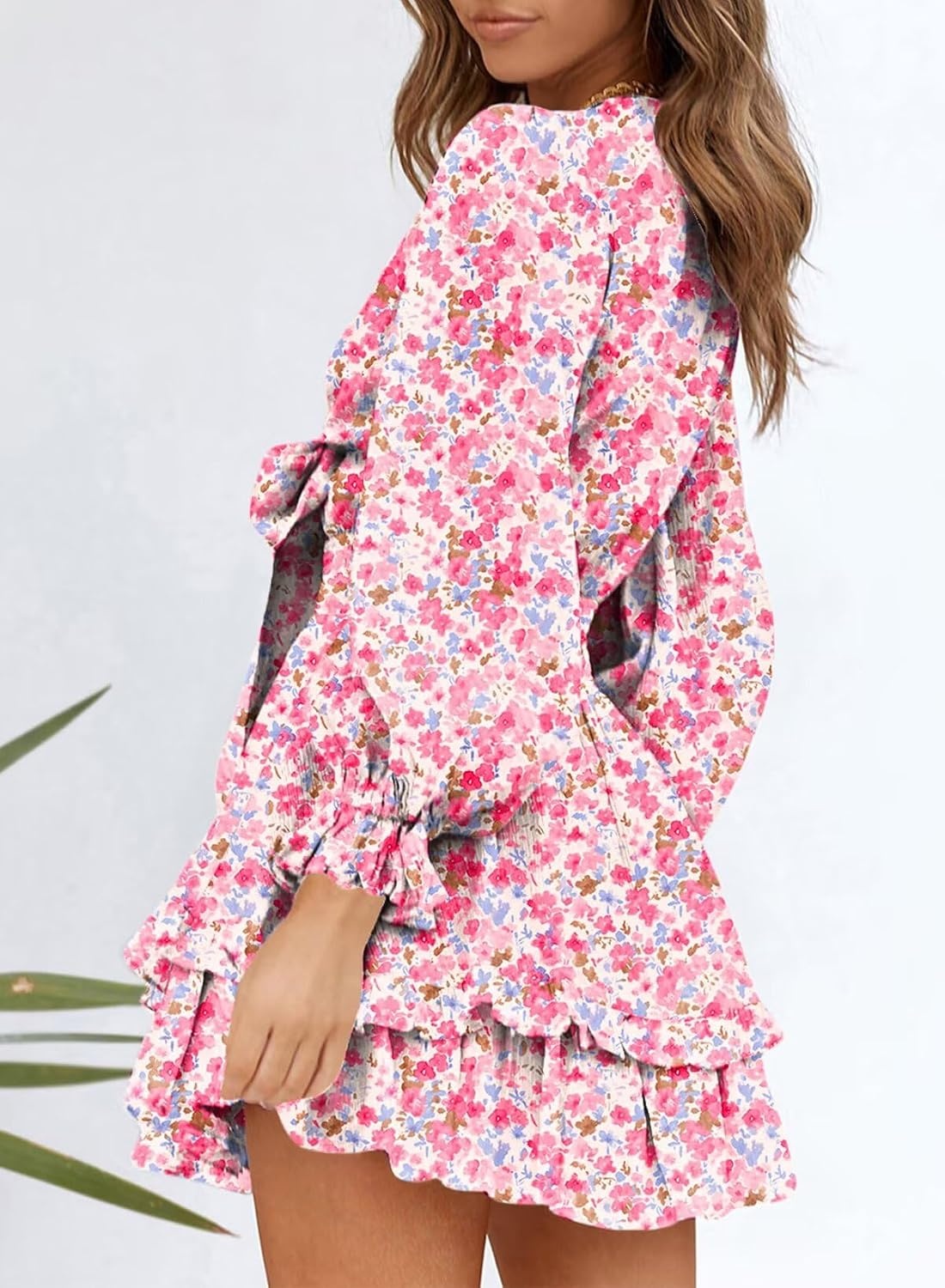 image:imageDokotoo Womens Casual Spring Fall 2025 Deep V Neck Knotted Tiered Chiffon Elegant Mini Short Swing Skater Dresses4 Pink 2