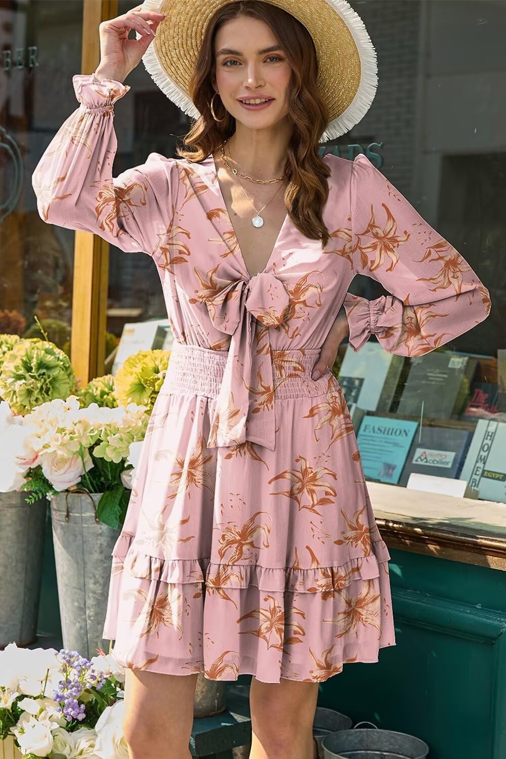 image:imageDokotoo Womens Casual Spring Fall 2025 Deep V Neck Knotted Tiered Chiffon Elegant Mini Short Swing Skater Dresses4 Pink
