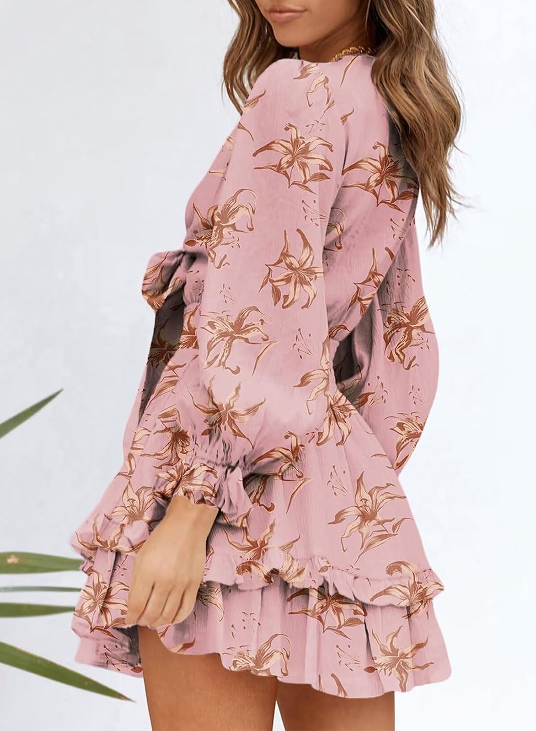 image:imageDokotoo Womens Casual Spring Fall 2025 Deep V Neck Knotted Tiered Chiffon Elegant Mini Short Swing Skater Dresses4 Pink