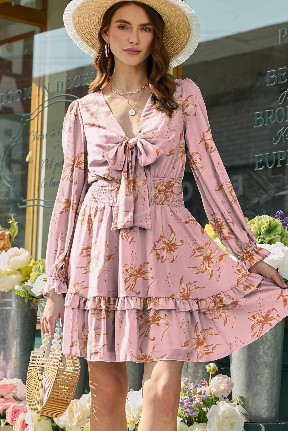 image:imageDokotoo Womens Casual Spring Fall 2025 Deep V Neck Knotted Tiered Chiffon Elegant Mini Short Swing Skater Dresses4 Pink